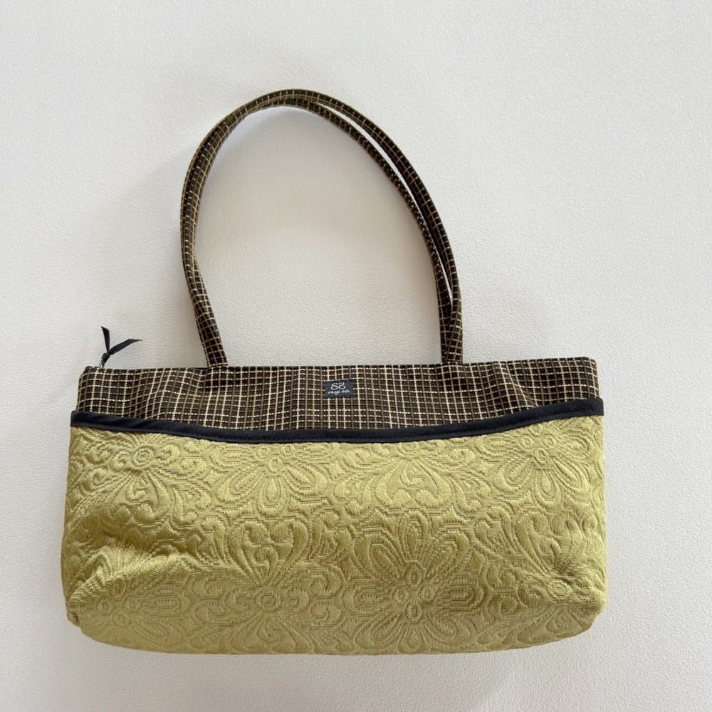 Womens Vintage Style‎ Floral Chenille Grid Shoulder Bag Green Brown Sage Sak
